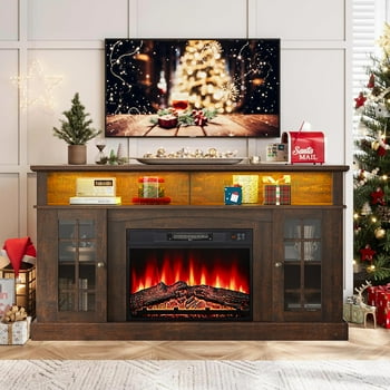 SESSLIFE Fireplace TV Stand for 65 Inch TV, TV Console with 23''Electric Fireplace, Console Entertainment Center Television Table for Living Room or Bedroom, Brown