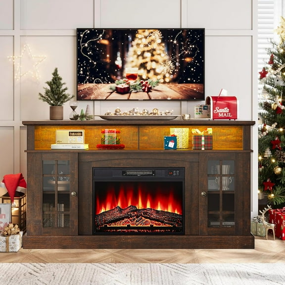 SESSLIFE Fireplace TV Stand with LED Light for 65 Inch TV, TV Console with 23''Electric Fireplace, Console Entertainment Center Television Table for Living Room or Bedroom, Brown