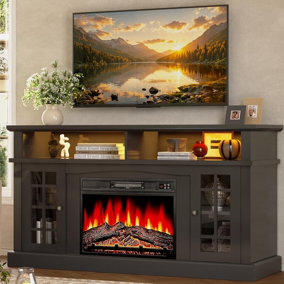 SESSLIFE Fireplace TV Stand for TVs up to 65 Inches, Farmhouse Entertainment Console with 23-Inch Electric Fireplace, Black