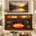 thumbnail image 1 of SESSLIFE Fireplace TV Stand for TVs up to 65", 58" Farmhouse Entertainment Center with 23" Electric Fireplace, LED Lights, Glass Door Storage Cabinets, Brown, 1 of 10