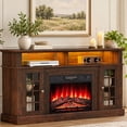 thumbnail image 1 of SESSLIFE Fireplace TV Stand for TVs up to 65", 58" Farmhouse Entertainment Center with 23" Electric Fireplace, LED Lights, Glass Door Storage Cabinets, Brown, 1 of 11