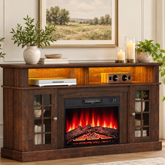 SESSLIFE Fireplace TV Stand for TVs up to 65", 58" Farmhouse Entertainment Center with 23" Electric Fireplace, LED Lights, Glass Door Storage Cabinets, Brown