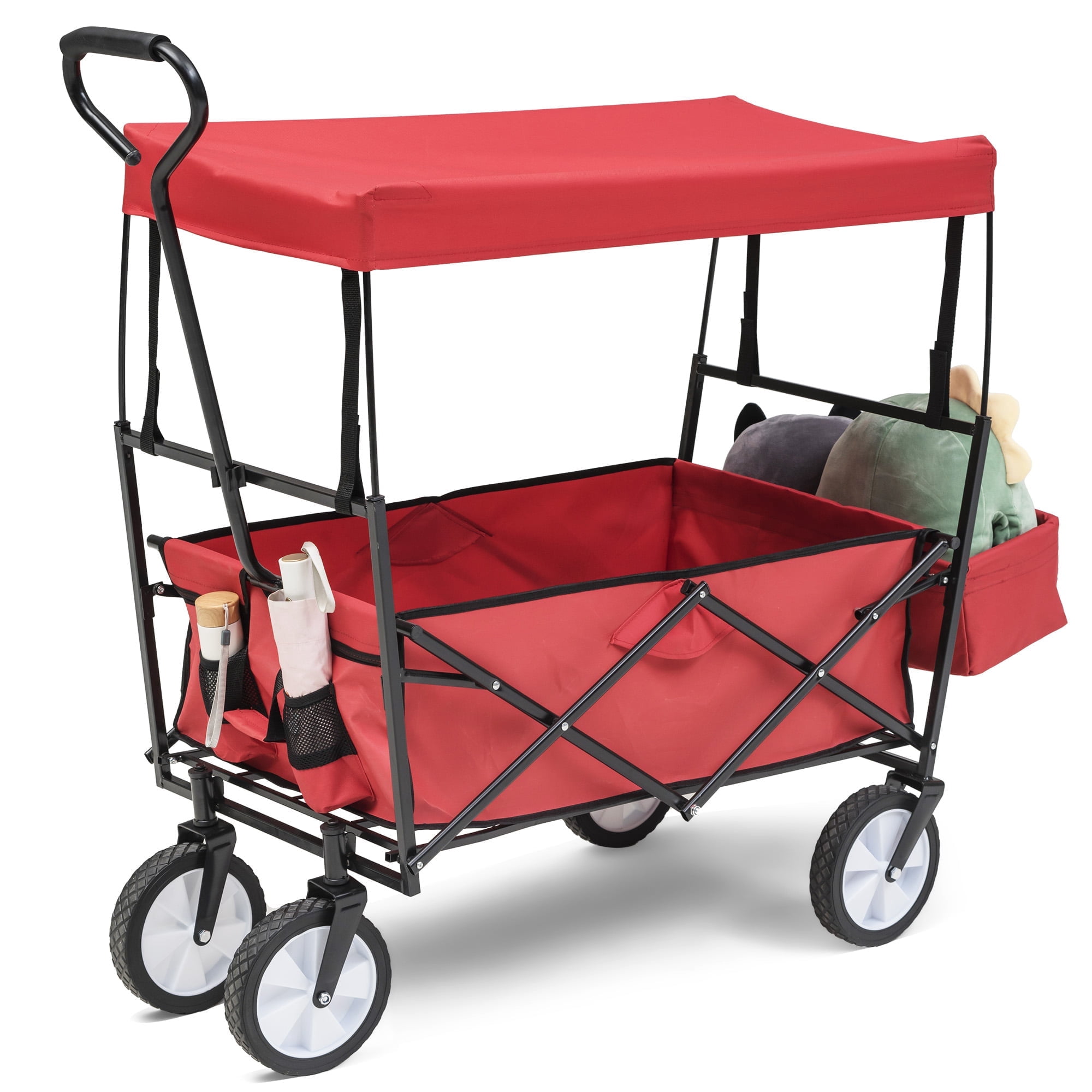 SESSLIFE Folding Beach Wagon for Sand, Collapsible Wagon Cart with Removable Canopy, Adjustable Handles, Extra Pocket and Cup Holder, Utility Cargo Wagon, Red, TE2239