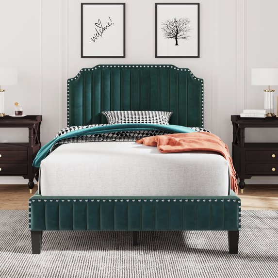 SESSLIFE Full Platform Bed Frame, Modern Linen Upholstered Platform Bed with Headboard and Solid Wood Frame, Full Size Bed Frame with Nailhead Trim, Full Bed No Box Spring Needed, Green