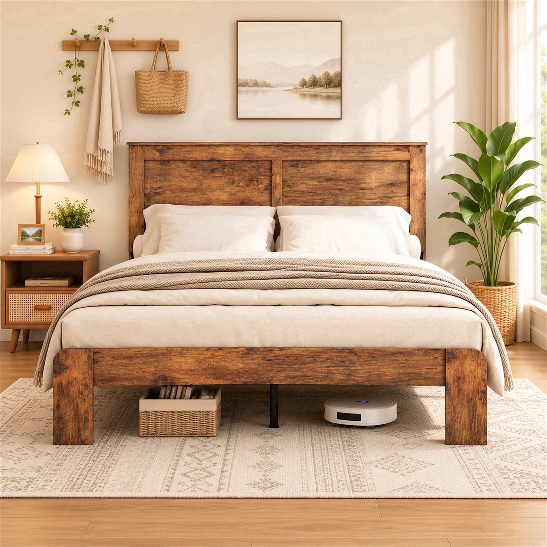 SESSLIFE Full Size Bed Frame with Headboard, Rustic Wood and Metal ...