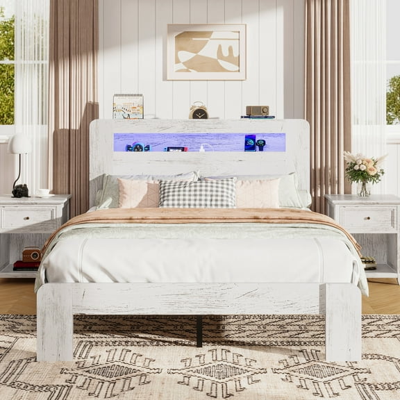 SESSLIFE Full Size Bed Frame with Storage, Wood Platform Bed Frame with Charging Station and LED Light, Vintage Full Bed Frame with Headboard and Wood Slats, No Box Spring Needed, White/Grey