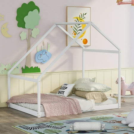 SESSLIFE Full-Size House Bed for Kids and Toddlers, Wood Full Platform Bed Frame, Kids House Design, Tent Bed with Roof for Kids Room, Box Spring Needed, Easy Assembly