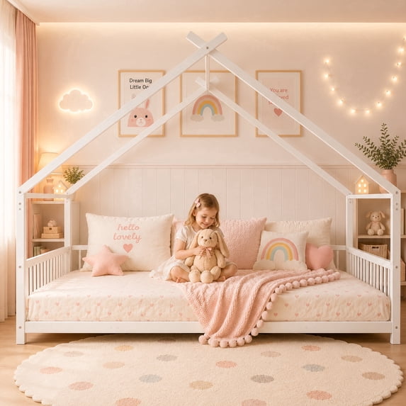 SESSLIFE Montessori Floor Bed, Full Size Toddler Floor Bed with Roof and Guardrail, House-Shaped Design, No Box Spring Needed, Toddler Bed Frame for Kids, White