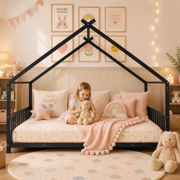 SESSLIFE Montessori Floor Bed, Full Size Toddler Floor Bed with Roof and Guardrail, House-Shaped Design, No Box Spring Needed, Toddler Bed Frame for Kids, Black