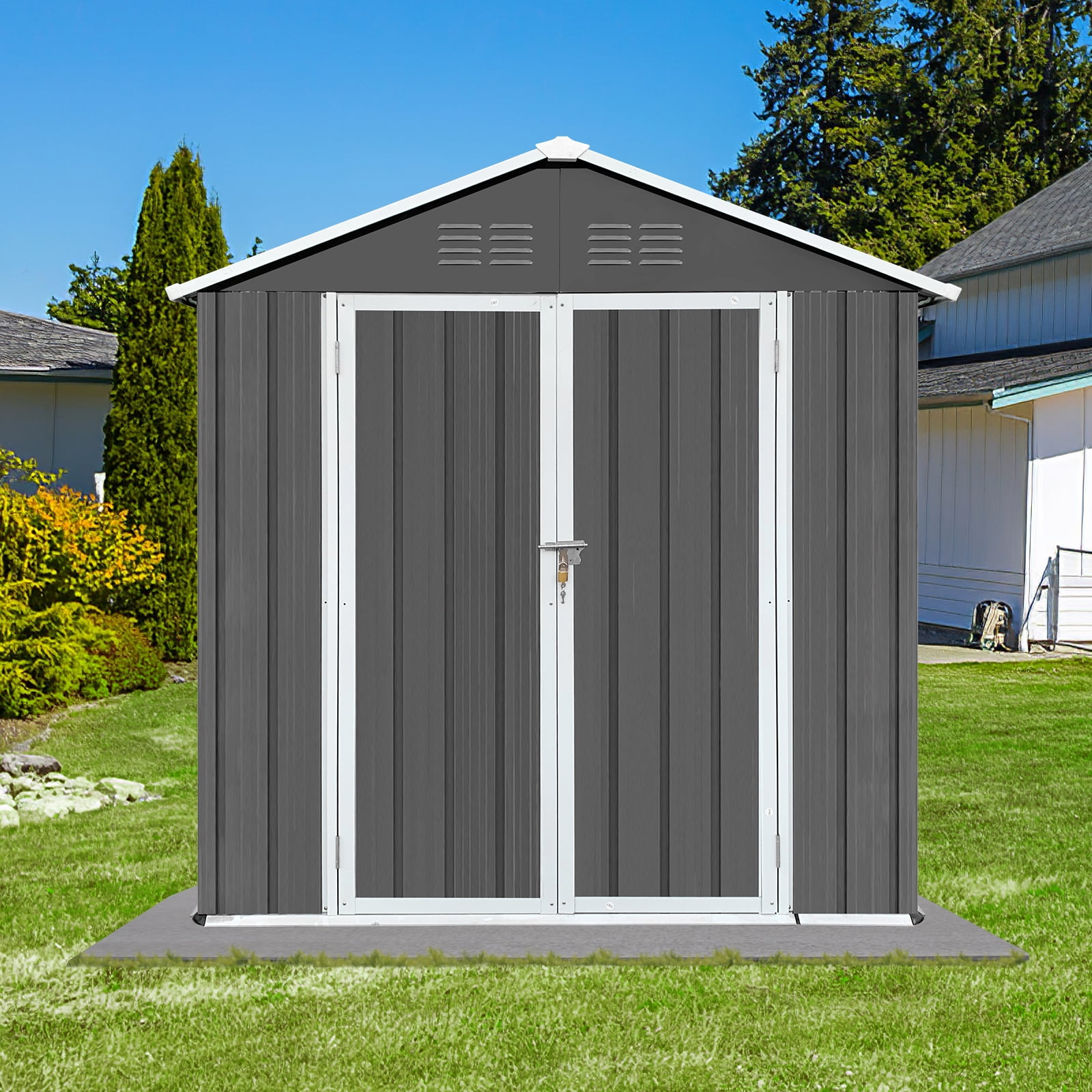 SESSLIFE Galvanized Metal Outdoor Shed with Lockable Door, Outside