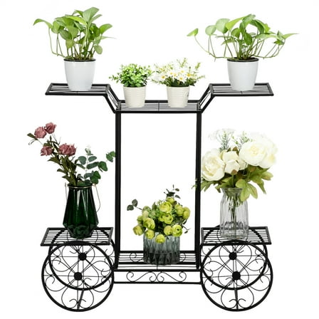 SESSLIFE Garden Cart Metal Plant Stand with 4 Decorative Wheels, Succulent Collection Flower Pot Holder Display Shelf for Home Patio Garden Flower Shop, Parisian Style Plant Potted Rack