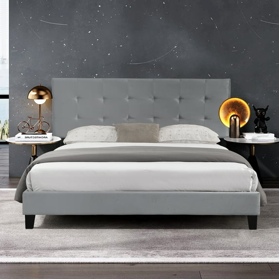 Queen Size Upholstered Platform Bed Frame with Pull Point Tufted Headboard, Strong Wood Slat Support, Mattress Foundation, No Box Spring Needed, Easy Assembly, Gray