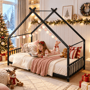 SESSLIFE Twin House Bed Frame, Low Profile Floor Bed with Roof Frame, Montessori Metal Platform Bed with Slats, No Box Spring Needed, 250 lb, Black