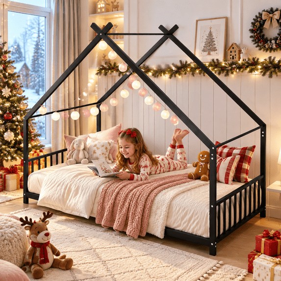 SESSLIFE Twin House Bed Frame, Low Profile Floor Bed with Roof Frame, Montessori Metal Platform Bed with Slats, No Box Spring Needed, 250 lb, Black
