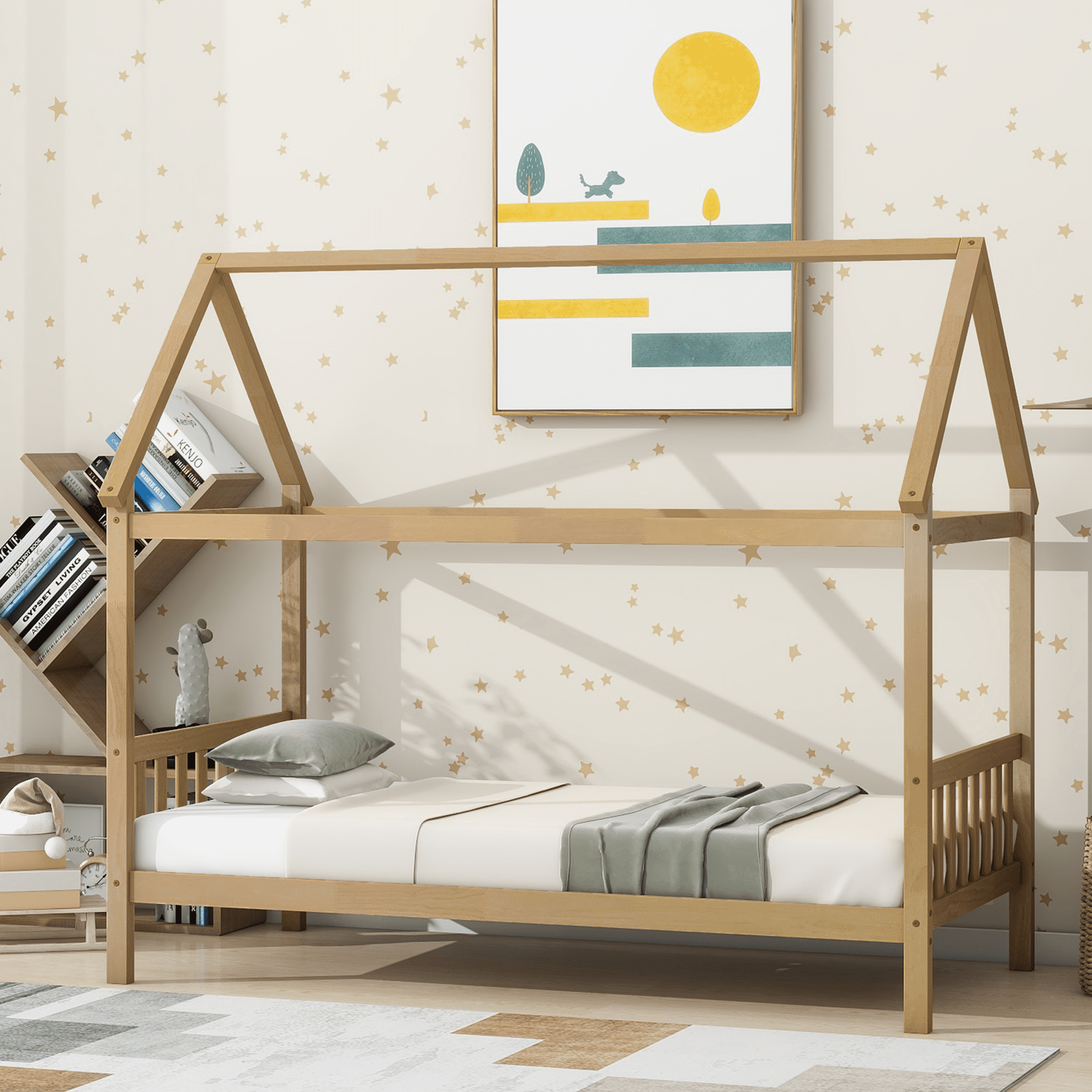 SESSLIFE House Bed with Fence, Wood House Bed, Floor Bed Frame, Twin Canopy Bed for Bedroom, No Box Spring Needed (Natural)