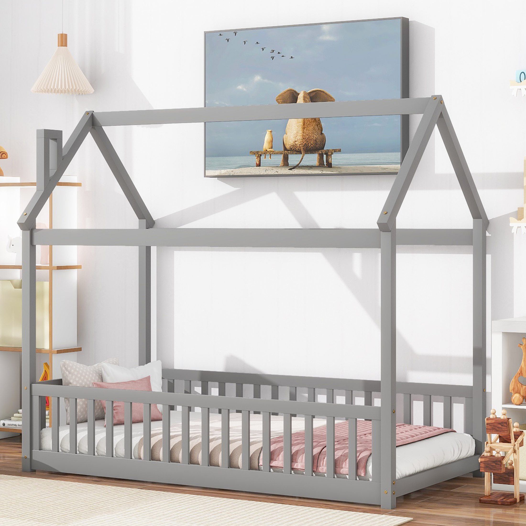 SESSLIFE House Bed with Fence, Wood House Bed, Floor Bed Frame, Twin Canopy Bed for Bedroom, No Box Spring Needed (Gray)