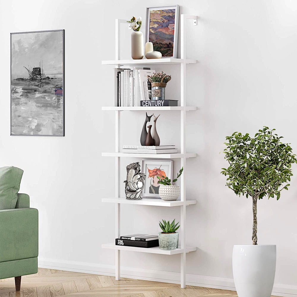 SESSLIFE Industrial Ladder Shelf, 5-Tier Wood Wall-Mounted Bookcase ...