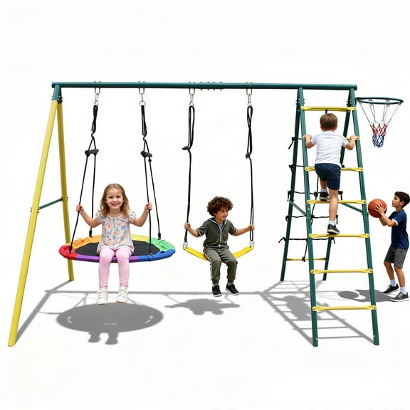 SESSLIFE Kids Backyard Swing Set for Outside, 5 In 1 Metal Swing Set with Saucer, Ladder, and Basketball Hoop, A-Frame Outdoor Playground Playset for 3+ Kids, 400 lbs Capacity