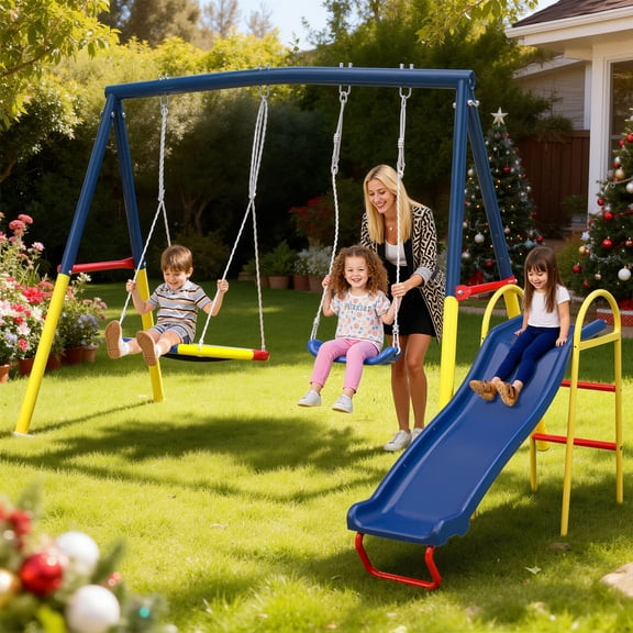 SESSLIFE Swing Sets for Outside, 3 In 1 Heavy Duty Metal Swing Set for Kids with Swing Seat and Glider, A-Frame Swing Frame, Outdoor Swingset for Up to 12 Years of Age, 440 lbs