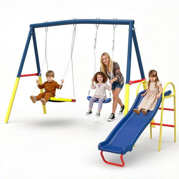 SESSLIFE Swing Sets for Outside, 3 In 1 Heavy Duty Metal Swing Set for Kids with Swing Seat and Glider, A-Frame Swing Frame, Outdoor Swingset for Up to 12 Years of Age, 440 lbs