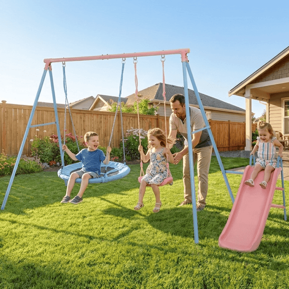 SESSLIFE Swing Sets for Outside, 3 In 1 Heavy Duty Metal Swing Set for Kids with Swing Seat and Glider, A-Frame Swing Frame, Outdoor Swingset for Up to 12 Years of Age, 440 lbs
