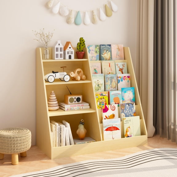 SESSLIFE Kids Bookshelf and Toy Storage Organizer, Wood 4-Tier Kids Bookcase with Front-Facing Book Display Stand and Open Shelves, Freestanding Book Shelf for Kids Room, Playroom, Nursery, Natural