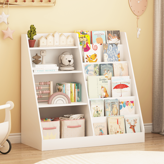 SESSLIFE Kids Bookshelf and Toy Storage Organizer, Wood 4-Tier Kids Bookcase with Front-Facing Book Display Stand and Open Shelves, Freestanding Book Shelf for Kids Room, Playroom, Nursery, White