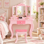 SESSLIFE Vanity Sets for Girls, Vanity Play Set with Drawers, Dressing Table Dresser Wooden Toy Makeup Vanity Table & Stool with 3 Foldable Mirror, Pink