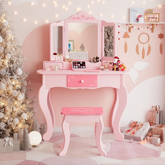 SESSLIFE Vanity Sets for Girls, Vanity Play Set with Drawers, Dressing Table Dresser Wooden Toy Makeup Vanity Table & Stool with 3 Foldable Mirror, Pink