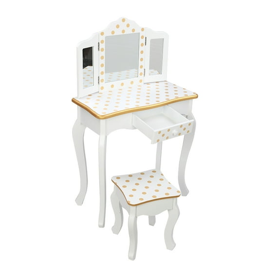 SESSLIFE Kids Vanity Table and Chair, Children Vanity Set with Mirror, Makeup Dressing Table with a Drawer,Play Vanity Set for Girls, Yellow Dots and White