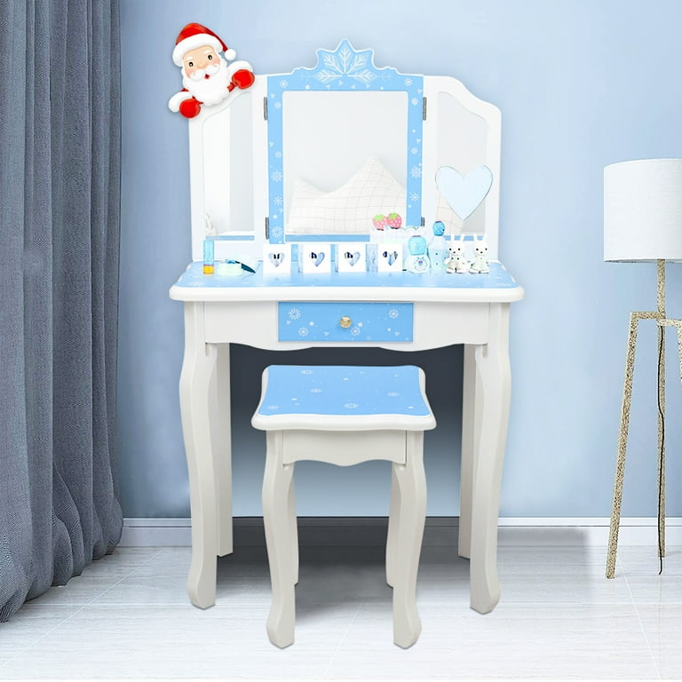SESSLIFE Kids Vanity Table and Chair Children Vanity Set with Mirror Makeup Dressing Table with a Drawer Play Vanity Set for Girls Blue and White