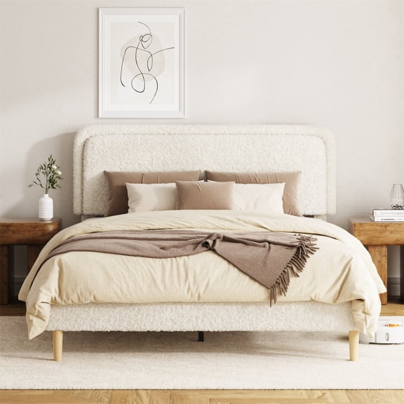 SESSLIFE King Size Bed Frame, Plush Teddy Upholstered Platform Bed Frame with Adjustable Headboard, No Box Spring Needed, Noise Free, Easy Assembly, Beige