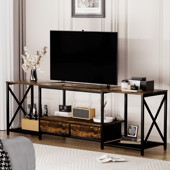 SESSLIFE LED TV Stand with Charging Station and 2 Fabric Drawers, Entertainment Center for TVs up to 75", TV Stand Table with Open Storage Shelves, Rustic Brown