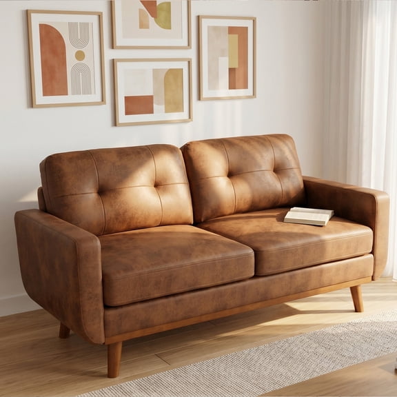 SESSLIFE Loveseat Sofa, 2-Seater Polyester Fabric Deep Seat Couch, Comfy Small Couch Sofa with Solid Wood Frame for Living Room Bedroom Office Apartment (Brown)