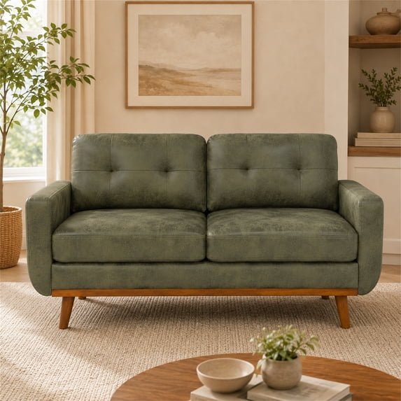 SESSLIFE 65" Loveseat Sofa, Mid Century Modern 2 Seater Loveseat Couch with Foil Fabric, Small Couch with Solid Wood Legs for Living Room, Bedroom, Apartment, Green