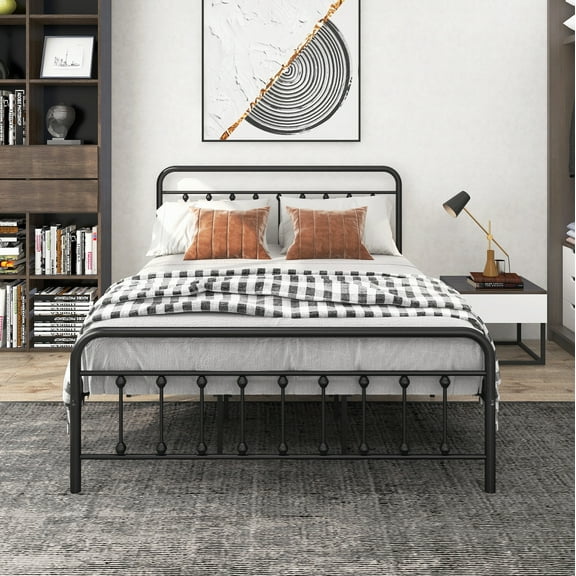 SESSLIFE Metal Bed Frame Queen Size with Vintage Headboard and Footboard, 12.4 Inch Tall Storage Space, No Box Spring Needed