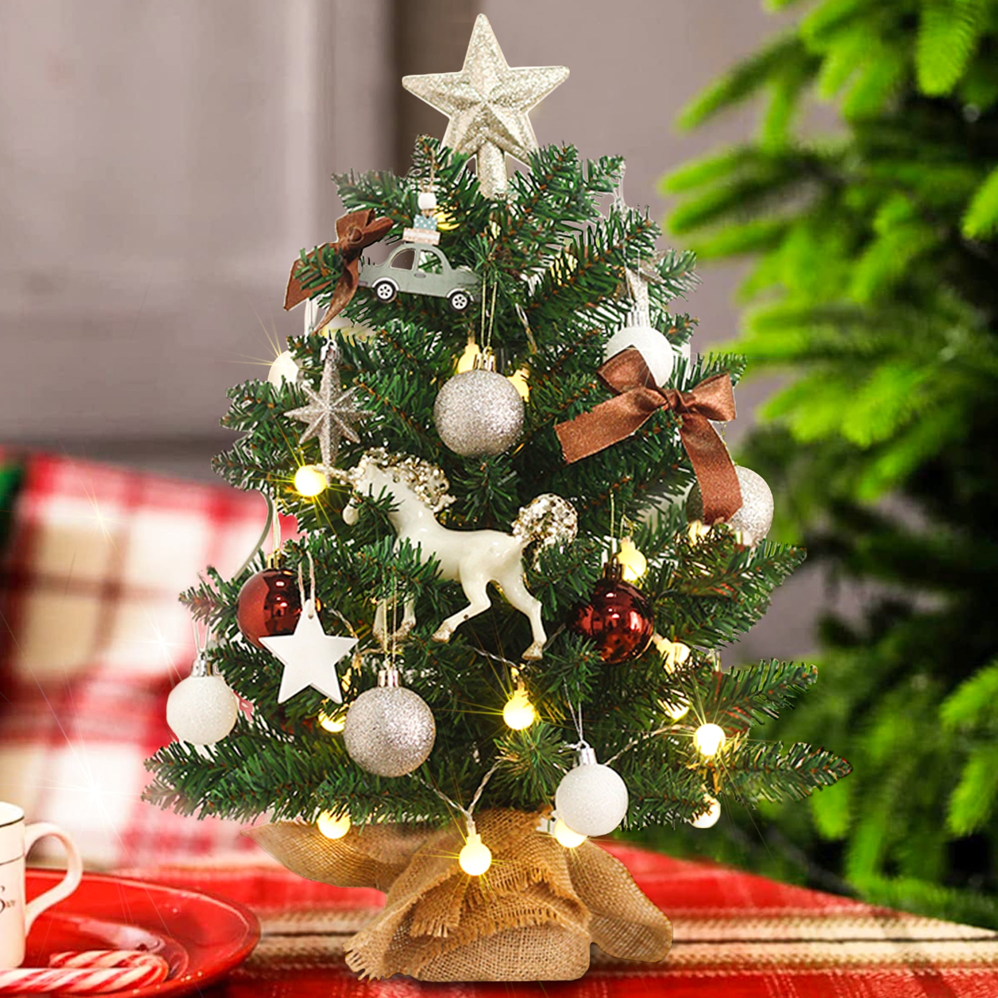 2ft Mini Christmas Tree with Light Artificial Small Tabletop Christmas  Decoration with Flocked Snow; Exquisite Decor & Xmas Ornaments for Table  Top