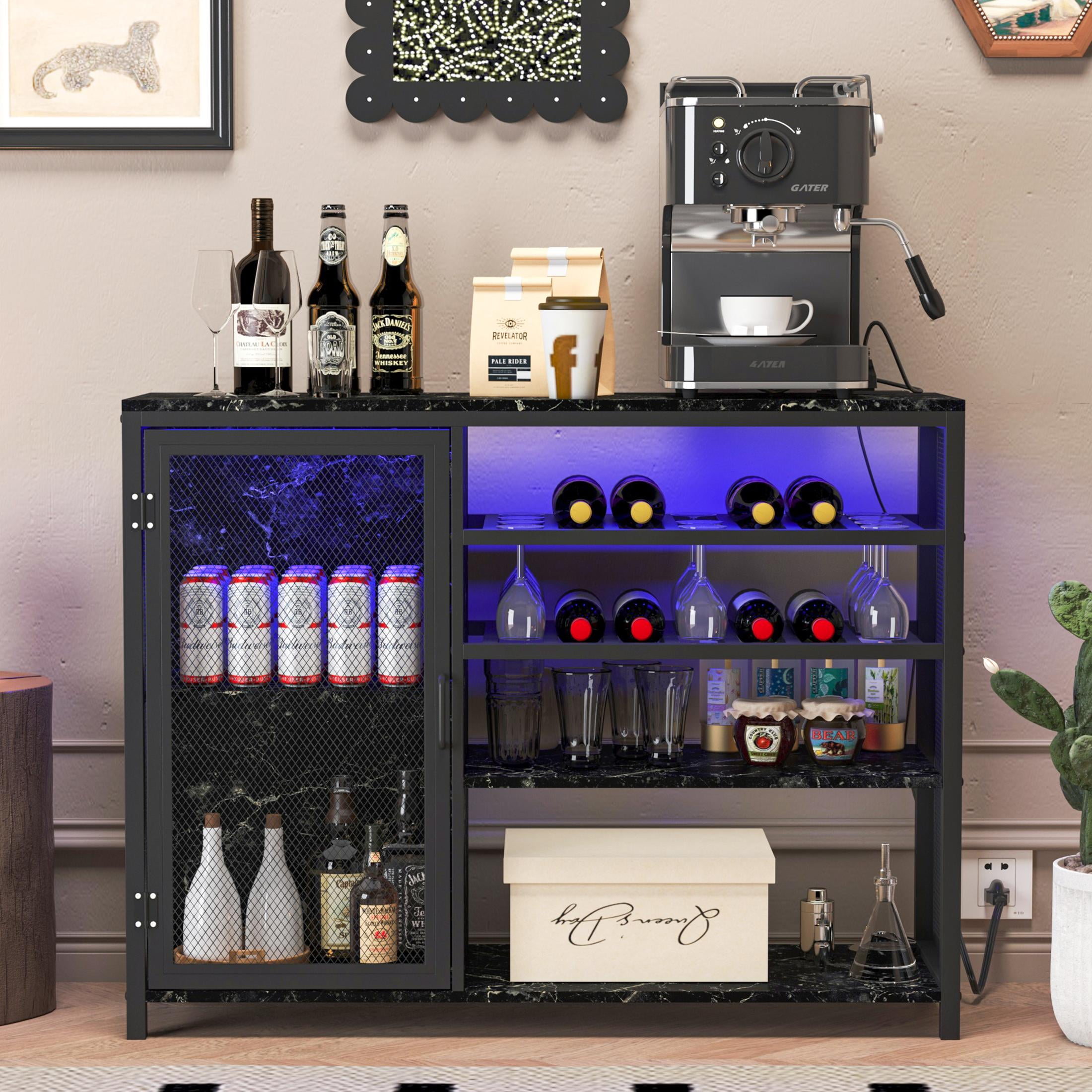 Black Marble Texture Bar Cabinet with LED Lighting
