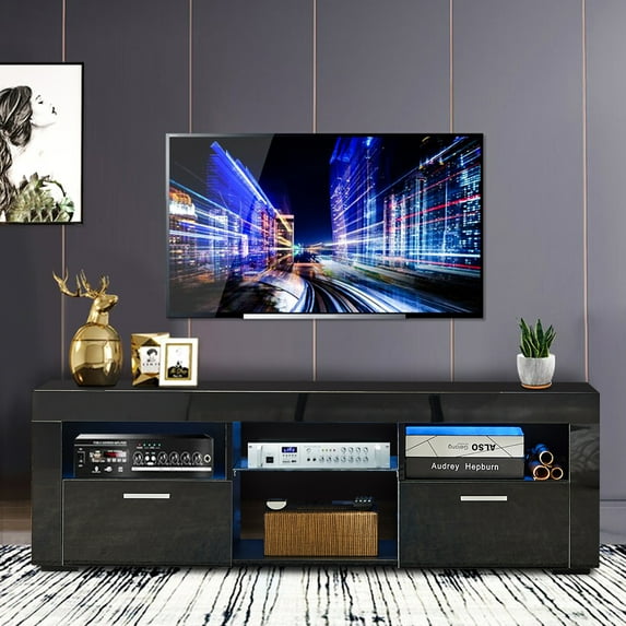 SESSLIFE Modern TV Stand with 16 Colors LED Light for TV up to 55 Inches, High Glossy TV Cabinet Media Storage Entertainment Center Console Table with Shelves for Living Room Bedroom