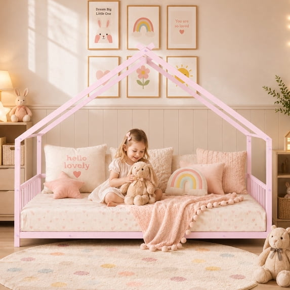 SESSLIFE Montessori Floor Bed, Full Size Toddler Floor Bed with Roof and Guardrail, House-Shaped Design, No Box Spring Needed, Toddler Bed Frame for Kids, Pink