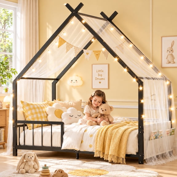 SESSLIFE Montessori Floor Bed, Twin Size Bed Frame with Roof and Guardrail, House-Shaped Design, No Box Spring Needed, Low Profile Bed Frame, Black