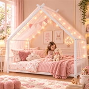 SESSLIFE Montessori Floor Bed, Twin Size Kids Bed Frame with Roof and Guardrail, House-Shaped Design, No Box Spring Needed, Bed Frame for Children, White