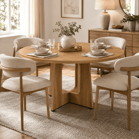 SESSLIFE Round Dining Table for 4, 47" Farmhouse Kitchen Table with Scratch-Resistant Thick Top, X-Shaped Steel Base, Adjustable Feet, 300 lb Capacity, 4-Step Assembly, Ancient Oak