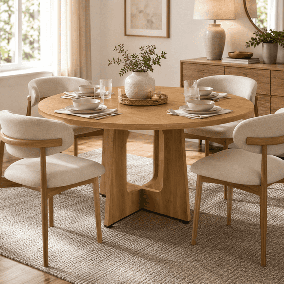 SESSLIFE Round Dining Table for 4, 47" Farmhouse Kitchen Table with Scratch-Resistant Thick Top, X-Shaped Steel Base, Adjustable Feet, 300 lb Capacity, 4-Step Assembly, Ancient Oak
