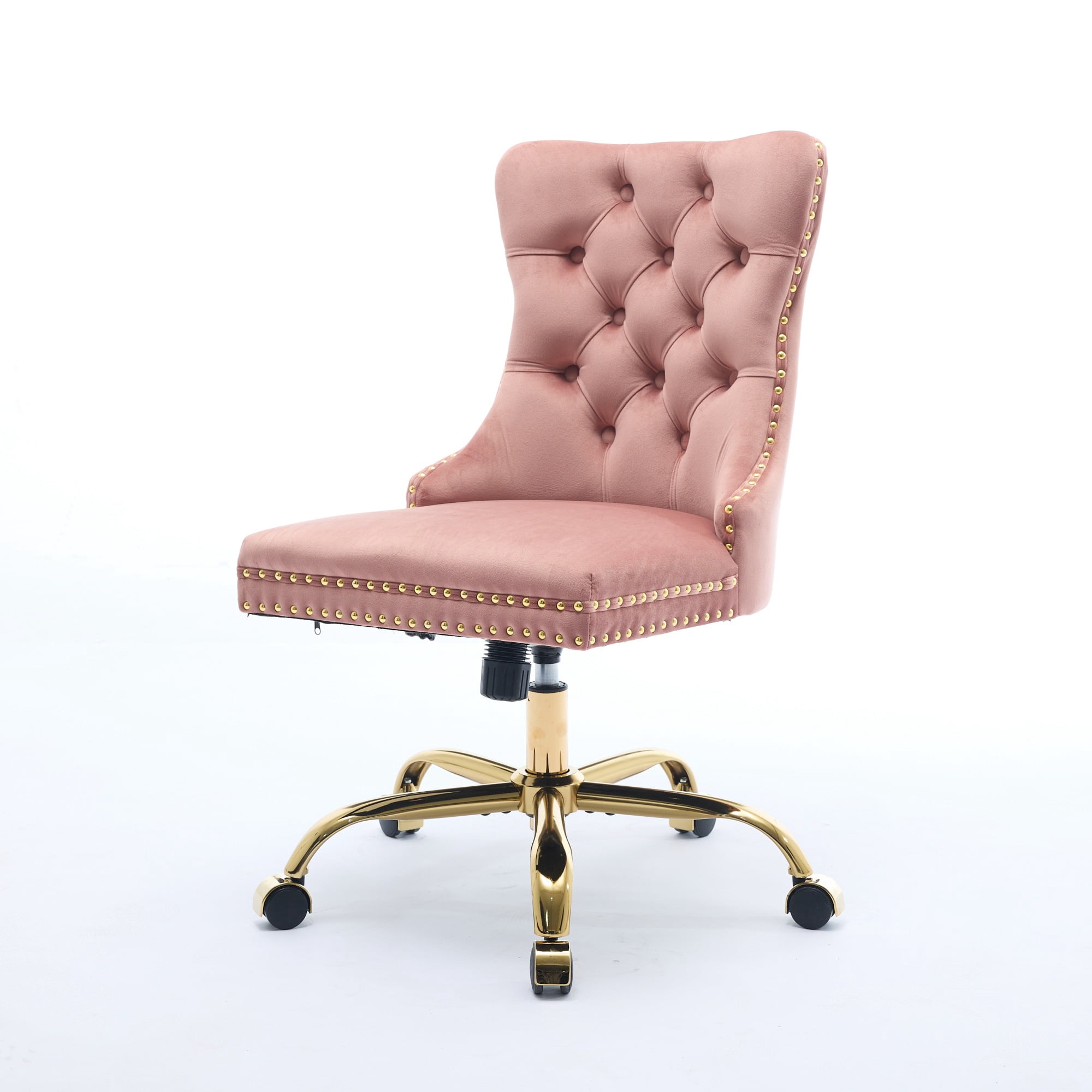 SESSLIFE Swivel Vanity Chair, Modern Office Chair with Wheels, Golden Metal Base, Velvet Upholstered Tufted Button Home Office Chair with Adjustable Height, Ergonomic Home Desk Chair, Pink