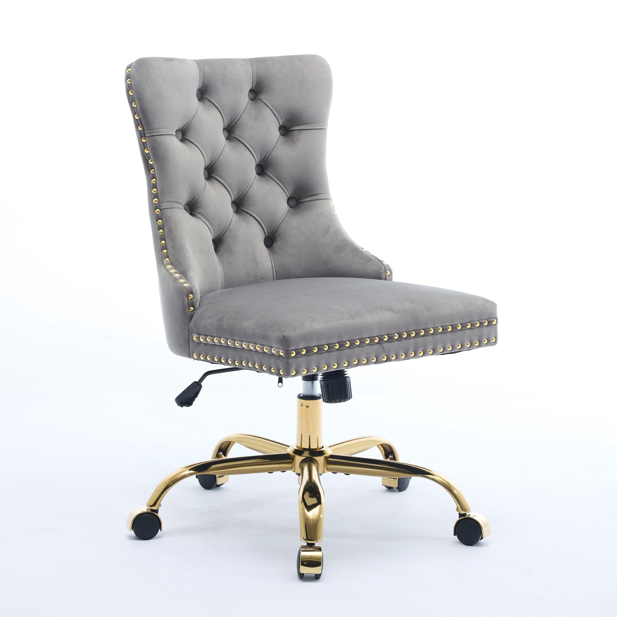 SESSLIFE Swivel Vanity Chair, Modern Office Chair with Wheels, Golden Metal Base, Velvet Upholstered Tufted Button Home Office Chair with Adjustable Height, Ergonomic Home Desk Chair, Grey