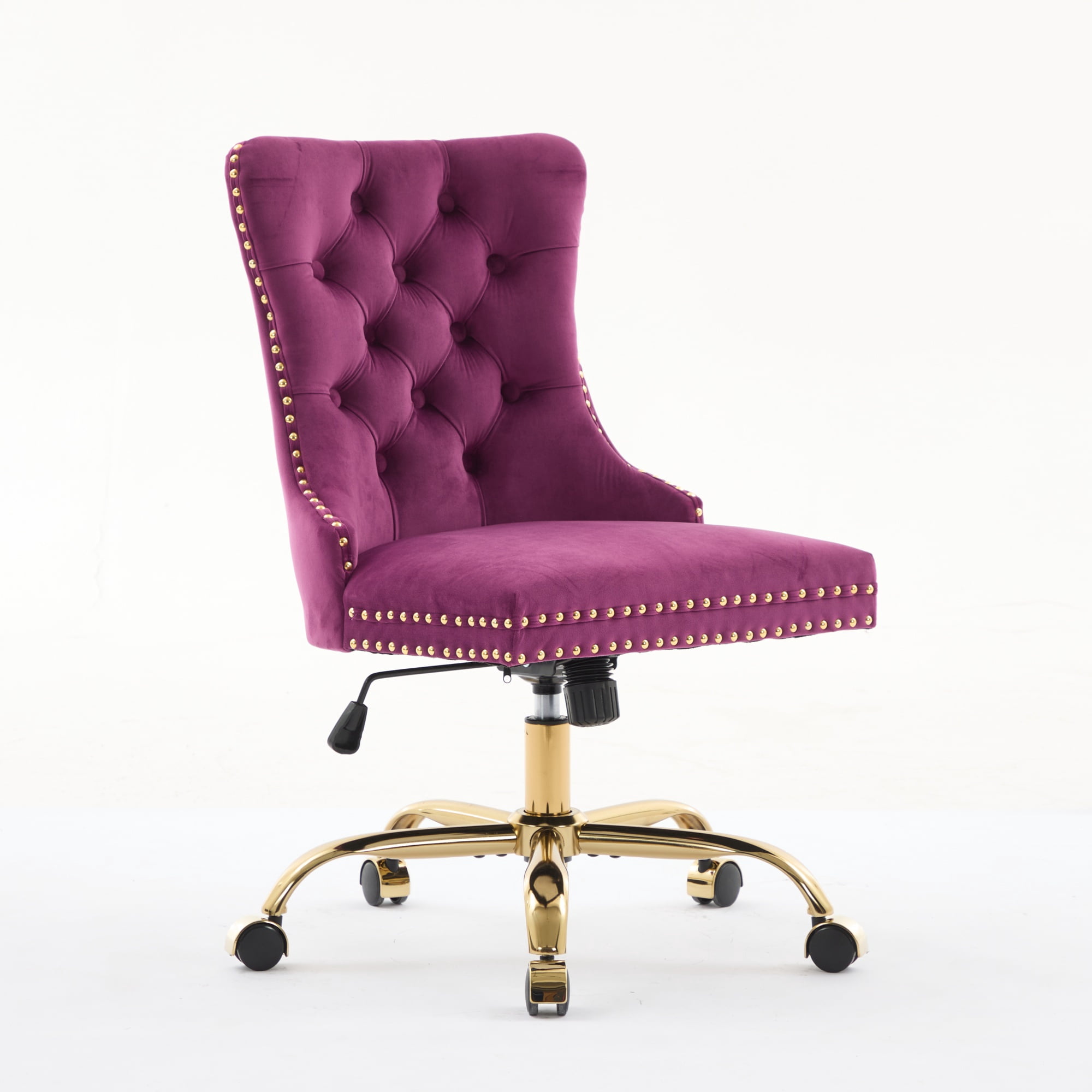 SESSLIFE Swivel Vanity Chair, Modern Office Chair with Wheels, Golden Metal Base, Velvet Upholstered Tufted Button Home Office Chair with Adjustable Height, Ergonomic Home Desk Chair, Purple
