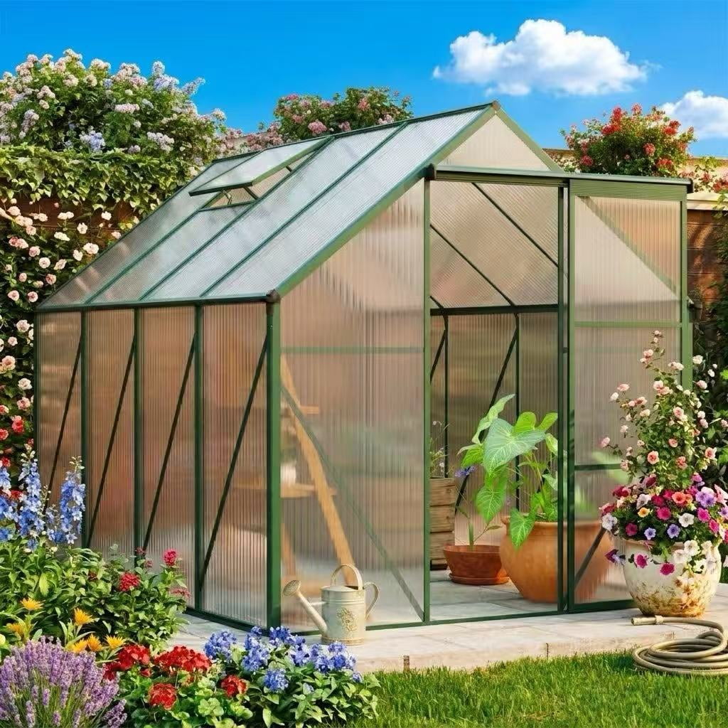 Enyopro 6 x 8 Walk-in Greenhouse Kit for Outdoors, Polycarbonate Green House with Sliding Door, Rain Gutter & Aluminum Frame, Large Plant Grow House for Backyard, Patio, Garden