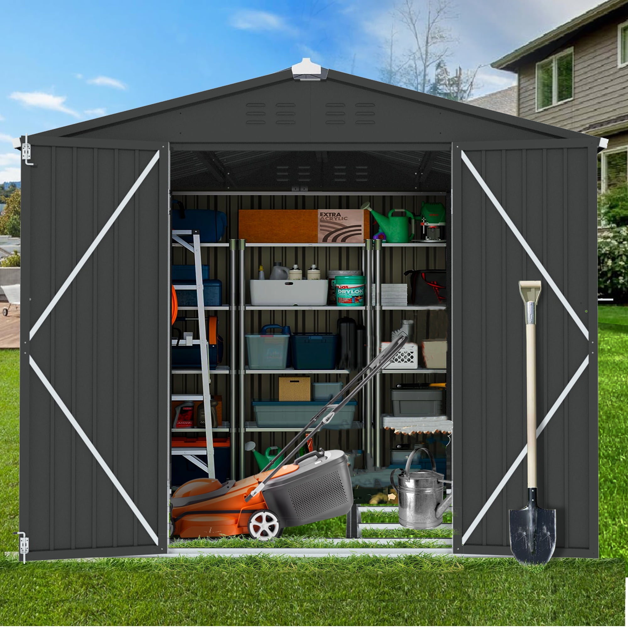 Black Galvanized Steel Outdoor Storage Shed with Lockable Doors, 8' x 6'