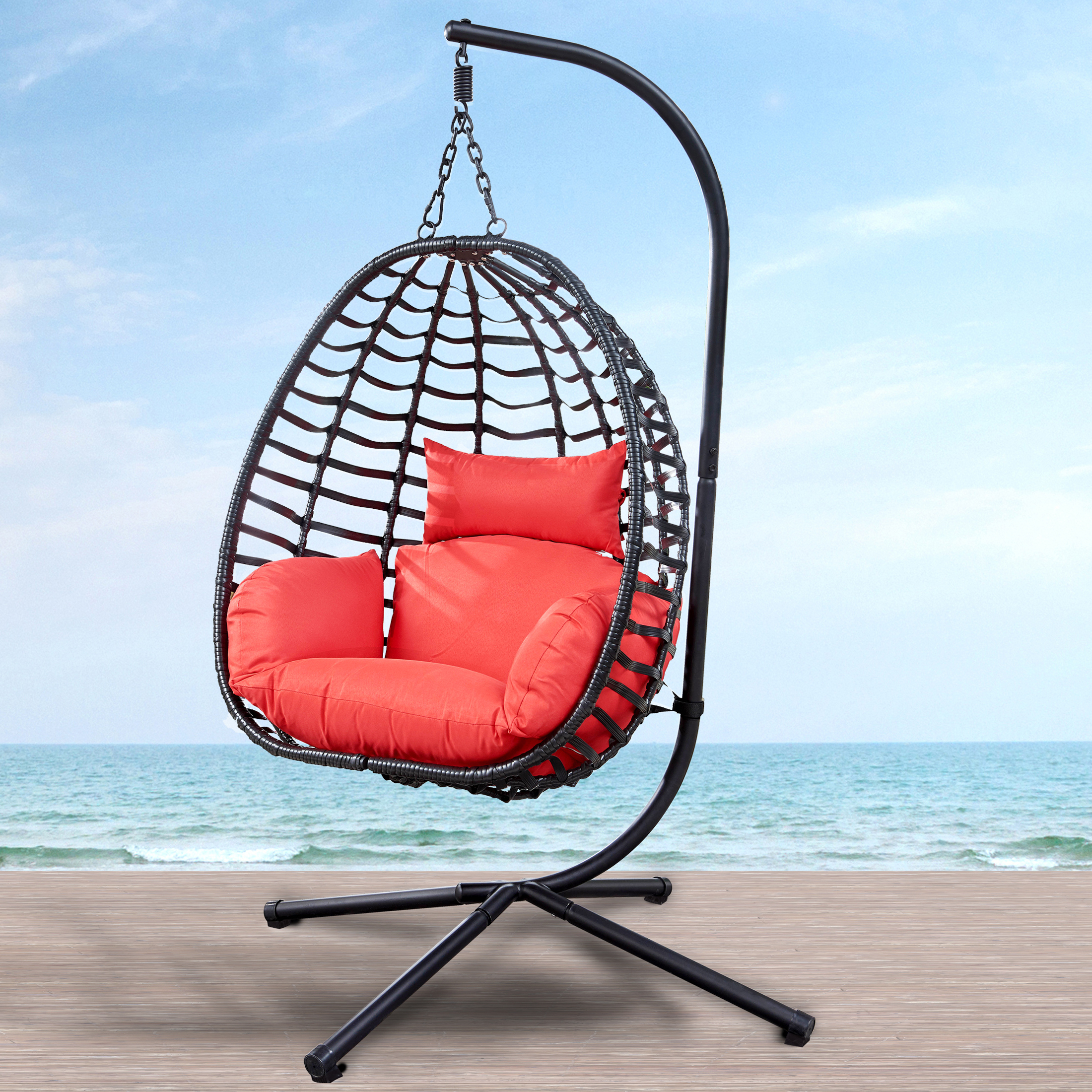 SESSLIFE Patio Egg Chair, Wicker Egg Chair Outdoor Chair, Folding Hanging Egg Chair with Stand and UV Resistant Cushion, Red Basket Chair Egg Swing Chair, TE3134 - image 1 of 6